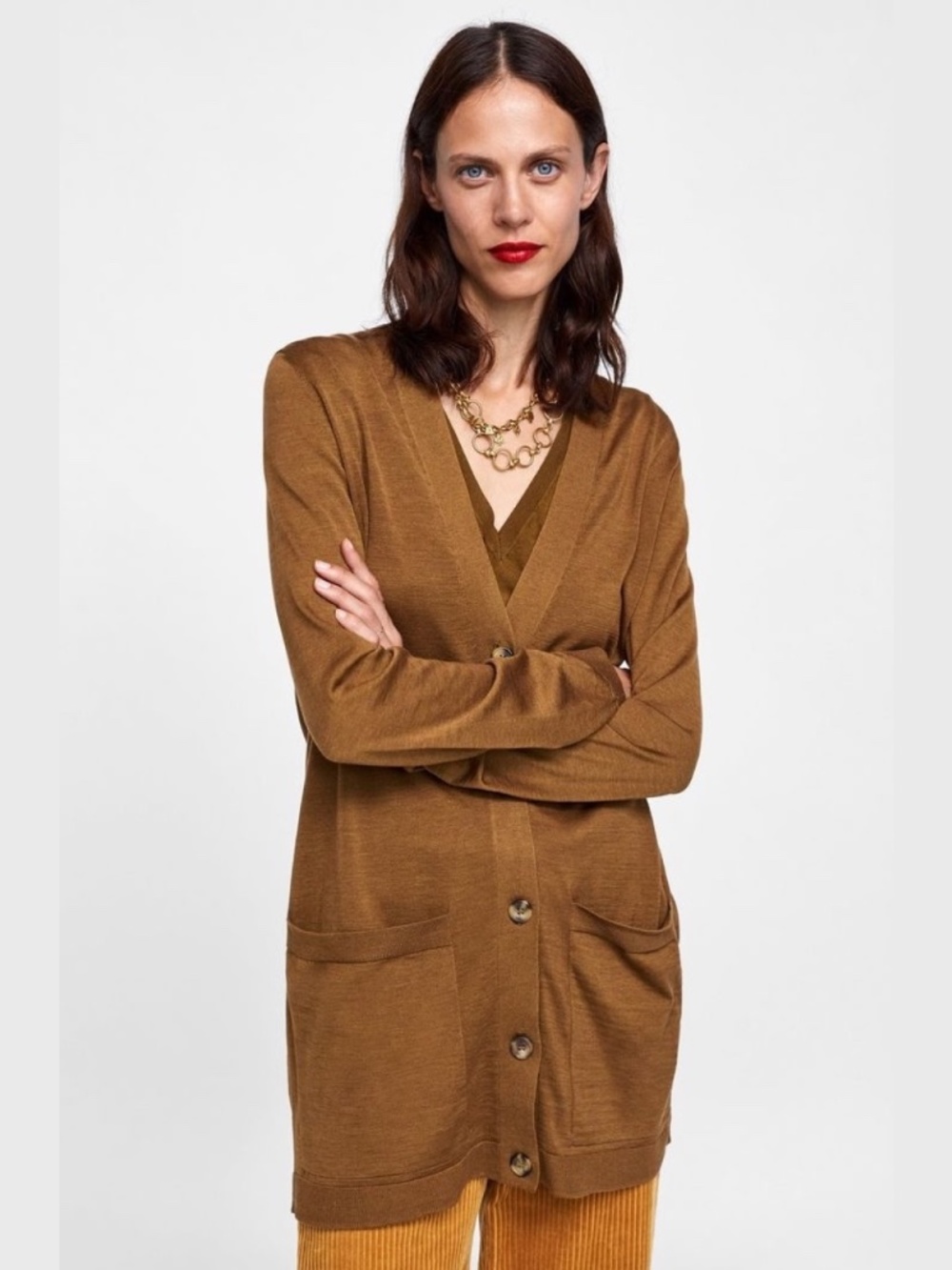 Zara Knit Silk Cotton Blend Long Cardigan Golden Brown Size S